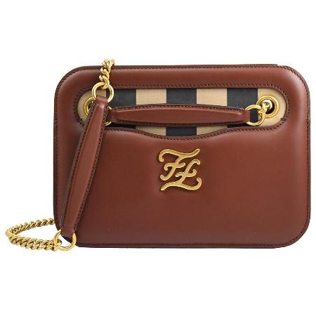 FENDI 8BT318 Karligraphy FF牛皮雙層肩斜背鍊包.深咖