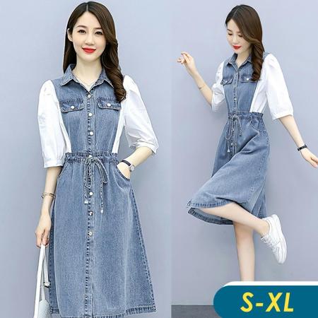 【俏可時尚】/現貨/ 韓系
翻領收腰牛仔連身裙
