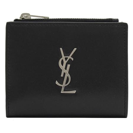 YSL 529875 金屬浮雕LOGO小牛皮對開釦式短夾.黑