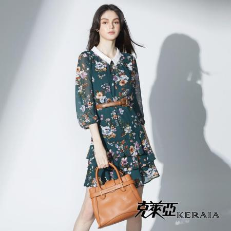 【KERAIA 克萊亞】盛花饗宴雪紡印花蕾絲領洋裝