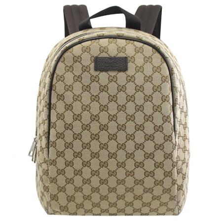 GUCCI 449906 經典雙G緹花皮飾邊厚棉後背包.駝/咖