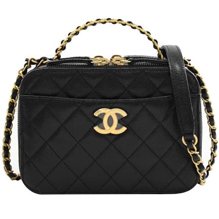 CHANEL AS3222 英字LOGO提把小牛皮雙層兩用鍊包.黑/金