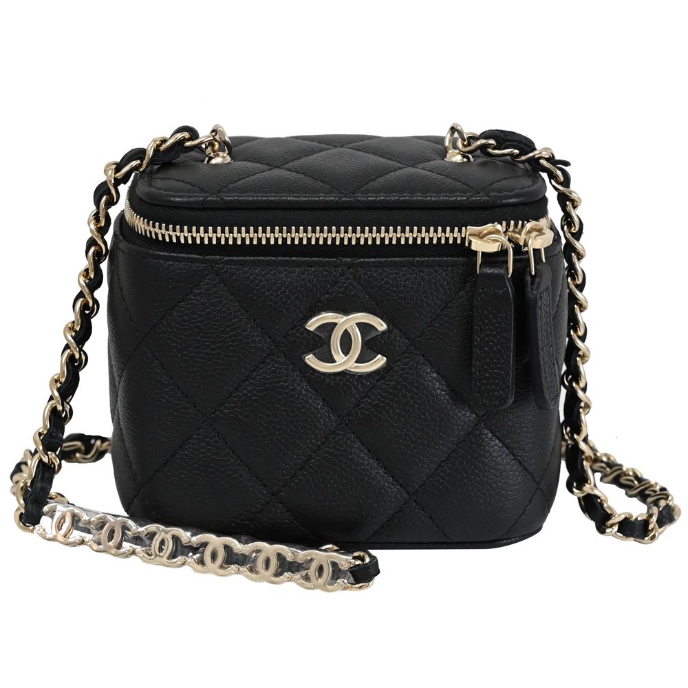 CHANEL AP2624 雙C金屬背帶小牛皮迷你斜背鍊包.黑/淡金