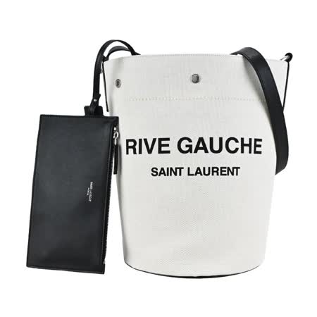 YSL Rive Gauche經典LOGO亞麻肩背/斜背水桶包(白/黑)
