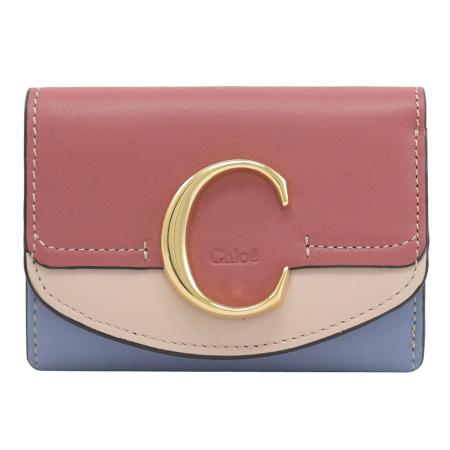 CHLOE 經典C LOGO撞色小牛皮三折釦式小短夾.玫粉/藍