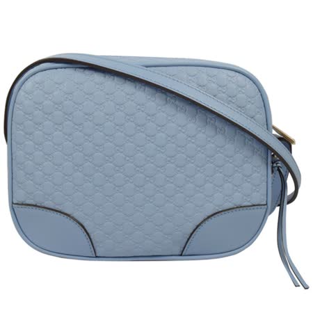 GUCCI 449413 經典雙G緹花皮革壓紋斜背小方包.粉藍
