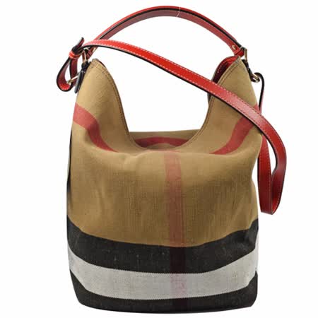 BURBERRY 39457281經典格紋棉麻兩用水桶包 千頌伊款