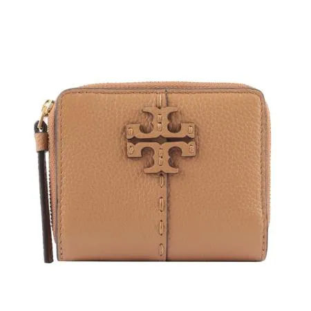 【TORY BURCH】McGRAW 牛皮暗釦拉鍊零錢袋短夾(提拉米蘇)