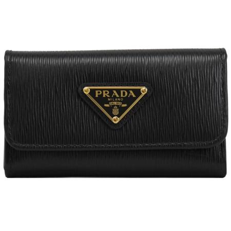 PRADA 1PG222 三角 LOGO水波紋六孔鑰匙包.黑