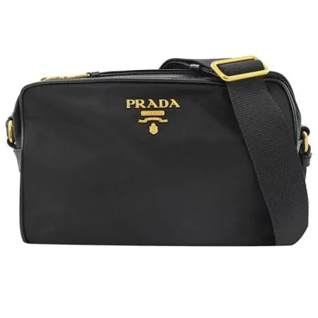 PRADA 1BH089 經典 LOGO尼龍帆布皮飾邊斜背小方包.黑