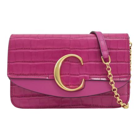 CHLOE 金屬C LOGO鱷魚紋牛皮單肩金鍊包.桃