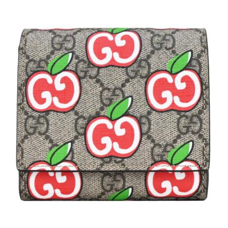 GUCCI GG Marmont系列蘋果印花GG帆布三折短夾(卡其)