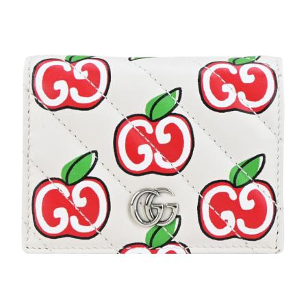 GUCCI GG Marmont系列蘋果印花GG皮革翻蓋短夾(白)
