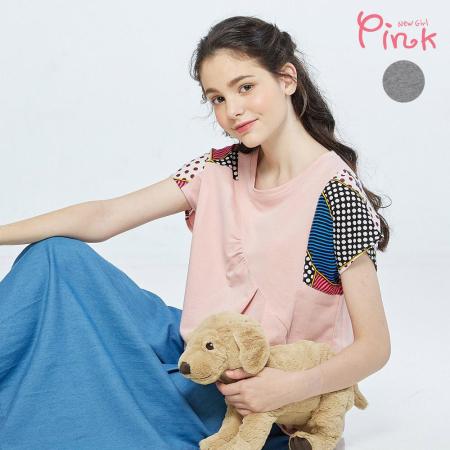 Pink*魅力幾何拼接袖口短袖上衣 (2色) I3301AQ