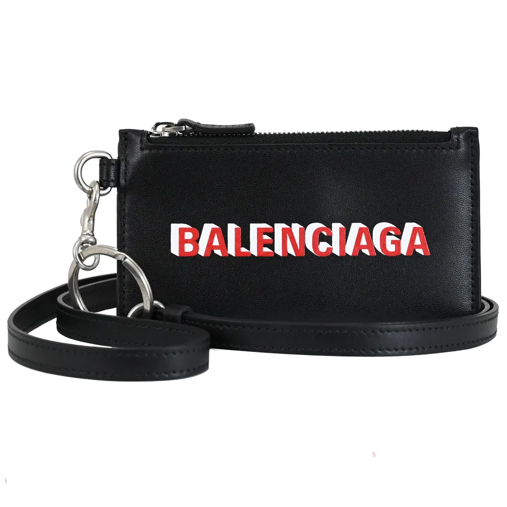 BALENCIAGA 巴黎世家 594548 印字LOGO牛皮證件零錢包.黑/紅