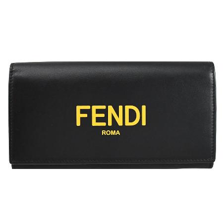 FENDI 7M0264 經典印字LOGO小牛皮翻蓋長夾.黑/黃