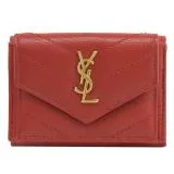 YSL 505118 MONOGRAM V字縫線牛皮MINI三折短夾.紅/金