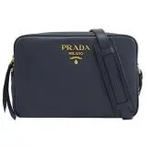 PRADA 1BH079 浮雕LOGO荔枝牛皮斜背雙層相機包.深藍