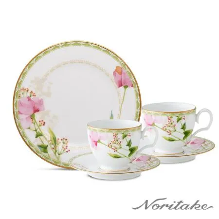 【日本 Noritake】湖畔花語金邊下午茶組- (咖啡對杯+點心盤)