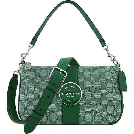 COACH Lonnie 大C織紋肩背/斜背兩用包-翠綠色