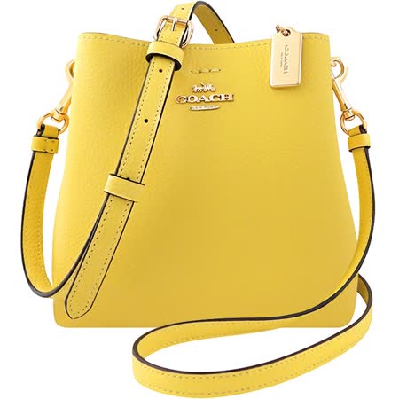 COACH 荔枝紋皮革小型斜背包-鵝黃色