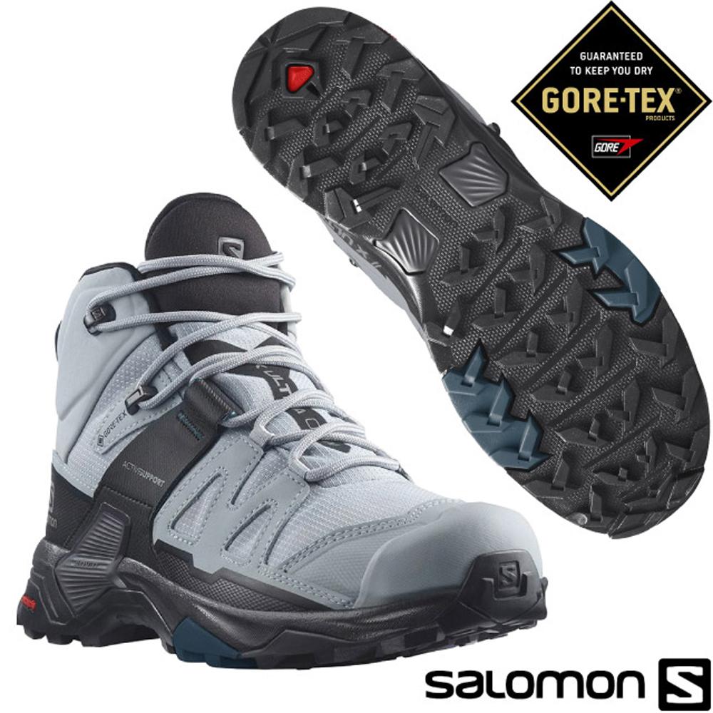 【索羅門 SALOMON】女 X ULTRA 4 GTX 防水透氣耐磨中筒登山鞋(寬楦)/416872 深礦灰/黑/藍