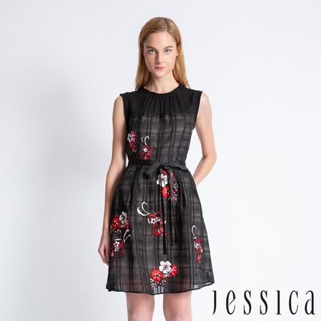 【JESSICA】
刺繡透膚格紋設計洋裝（黑）