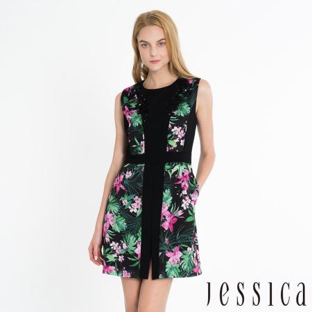 【JESSICA】印花立體花朵釘珠無袖洋裝