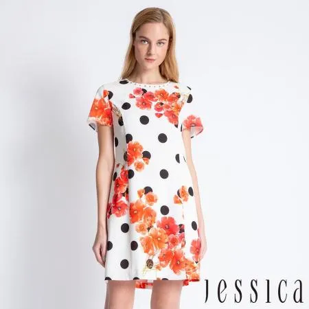 【JESSICA】
俏麗圓點桔色印花領口釘珠短袖洋裝