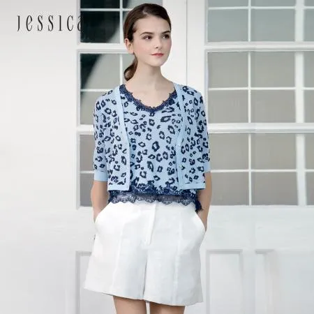 【快速到貨】【JESSICA】藍色豹紋V領短針織外套