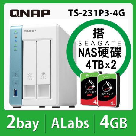 【QNAP】TS-231P3-4G NAS 搭【Seagate】IronWolf 4TB NAS專用硬碟 x 2