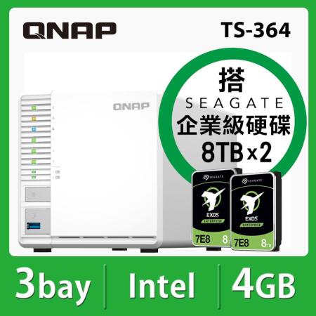 【QNAP】TS-364-4G NAS 搭【Seagate】Exos 8TB 企業級硬碟 x 2