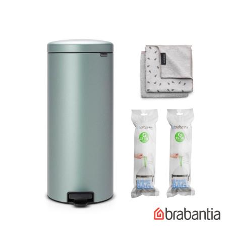 【Brabantia】NEWICON腳踏式時尚環保垃圾桶-金屬藍30L(附贈抹布1組+2包垃圾袋)