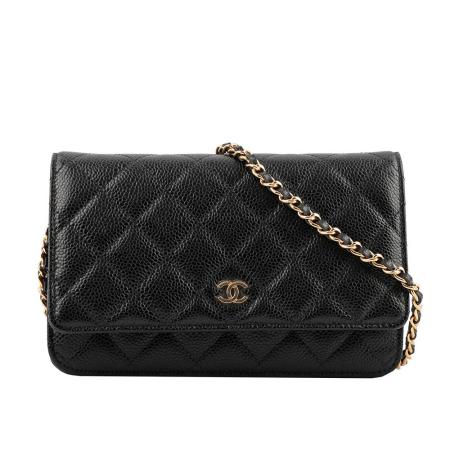 【CHANEL】經典CC Logo淡金釦荔枝皮革WOC(黑色)