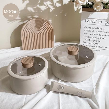 MOODI-可拆鍋具五件組-燕麥可可(IH適用/不挑爐具/礦岩不沾)