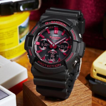 CASIO G-SHOCK 黑紅潮流雙顯太陽能腕錶 GAS-100BNR-1A