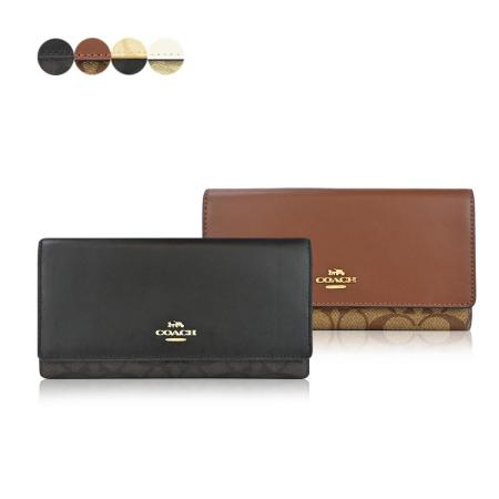 COACH 立體馬車LOGO 皮革拼接PVC三折輕便長夾 多色選