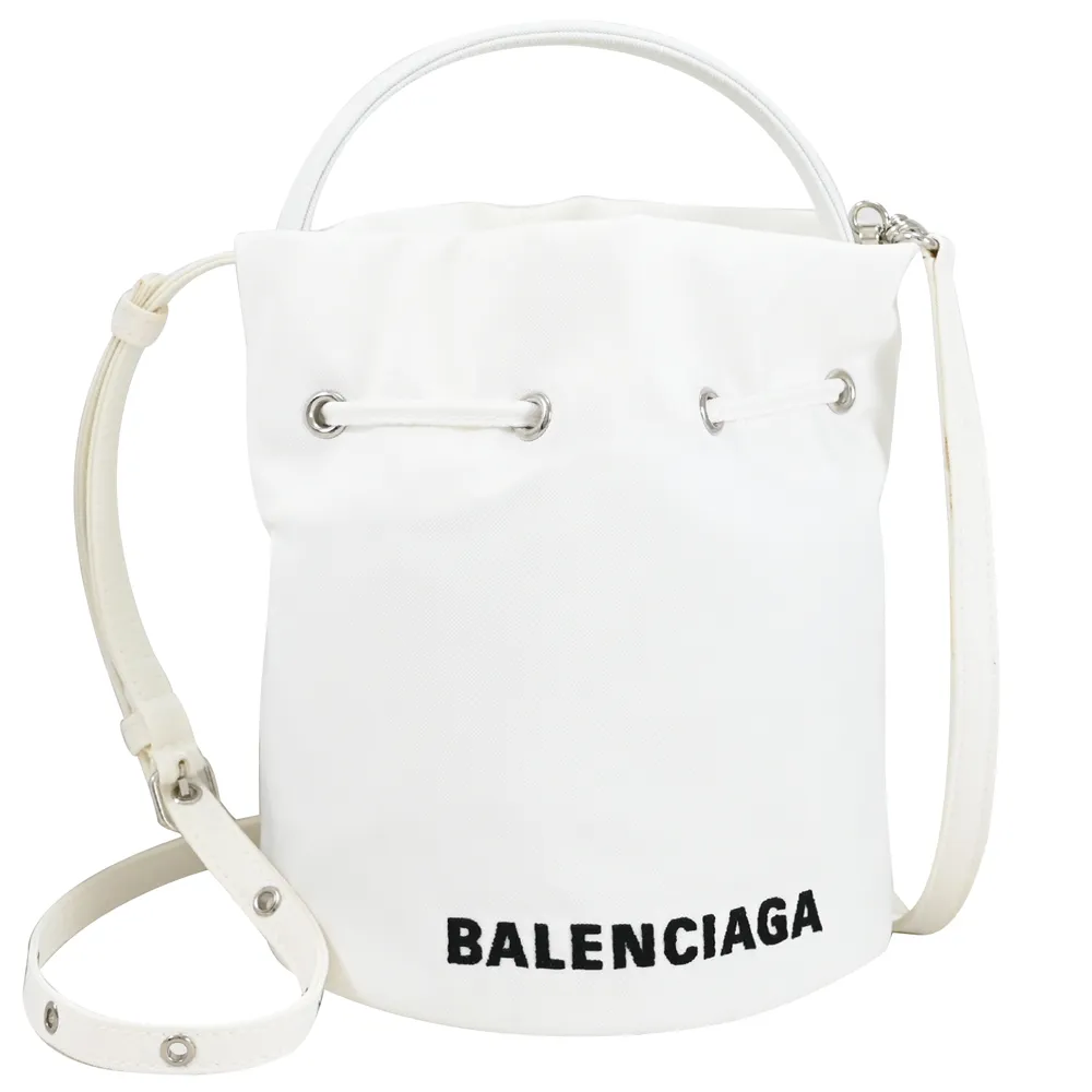 BALENCIAGA 巴黎世家 656682 電繡LOGO帆布迷你兩用水桶包.白