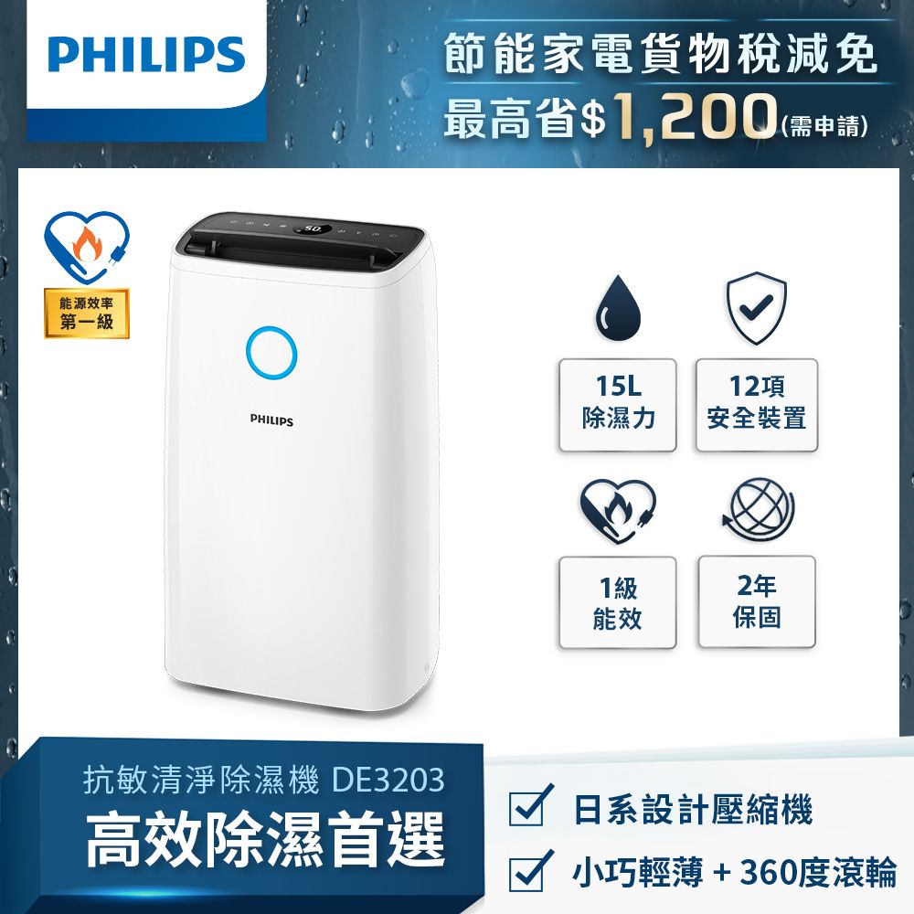 快速到貨★【Philips 飛利浦】15公升一級能效除溼機-DE3203
