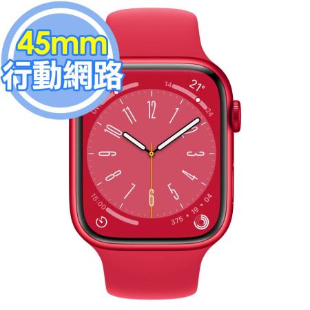 Apple Watch Series 8 (行動網路)45mm 紅色鋁金屬錶殼+紅色運動型錶帶(MNKA3TA/A)
