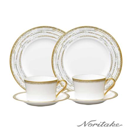 【日本 Noritake】夏日金輪下午茶咖啡組(咖啡對杯/圓盤)-禮盒