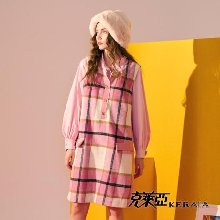 【KERAIA 克萊亞】粉質調仿毛料格紋背心洋裝