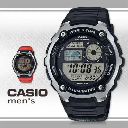 CASIO 卡西歐 數位電子運動錶 世界地圖 防水200米 LED照明(AE-2100W-1A)