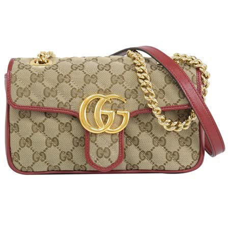 GUCCI 446744 GG Marmont 緹花帆布迷你肩斜鍊包.駝/紅