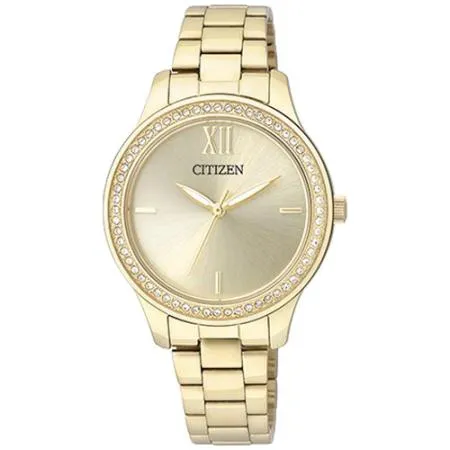 CITIZEN 星辰 石英指針女錶 金色不鏽鋼錶帶 金色錶面 防水30米 (EL3082-55P)