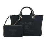 CHANEL 經典Deauvill帆布鏈帶中號托特包(黑色)