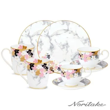 【日本 Noritake】月影浮花(骨瓷)-下午茶6件組(咖啡對杯/馬克對杯/圓盤)