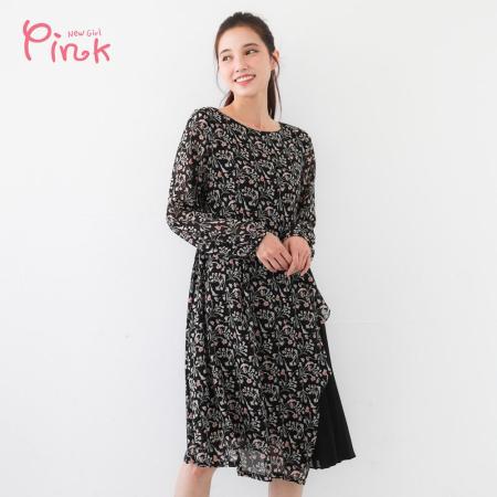【Pink*】氣質滿版花卉不對稱拼接洋裝 J2101FD