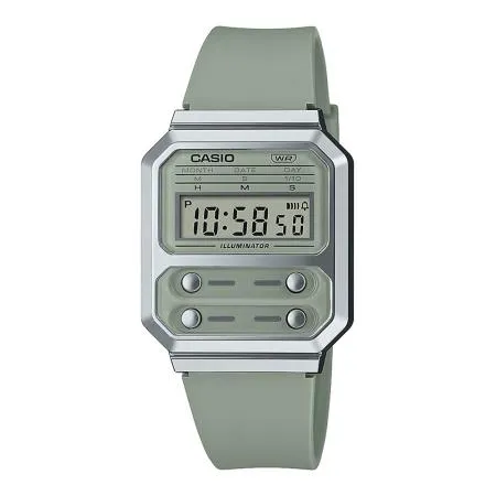 CASIO 卡西歐 CASIO 電子錶 橡膠錶帶 墨綠復古 日常生活防水 A100WE(A100WEF-3A)