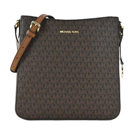 MICHAEL KORS JET SET金字LOGO滿版拉鍊斜背包-大/咖棕